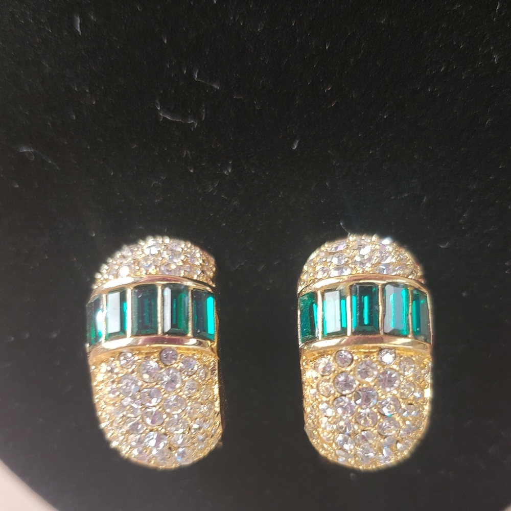 Christian Dior Gold Tone Rhinestone and Green Baguettes Clip-on Earrings